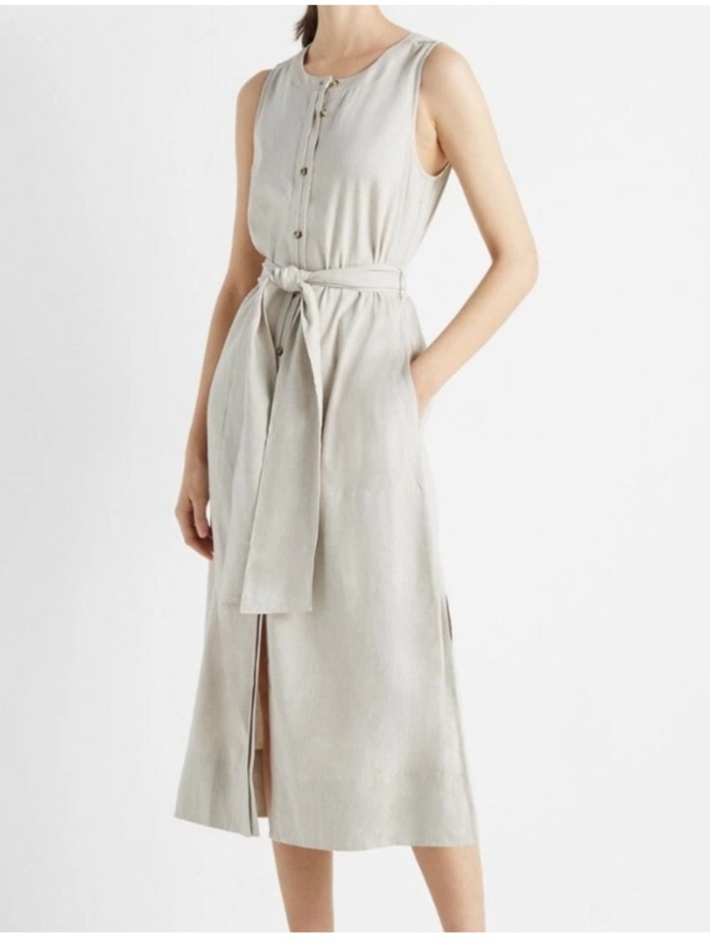 Club Monaco line Sleeveless Button-Front Tie-Waist Midi Dress — Light Beige